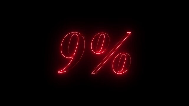 9% neon text  glowing sign on black background with loop animation. Mathematics symbol and financial icon . Neon light percentage symbol text animation . 4k animation.