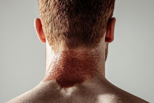 Close-up view of a reddish skin discoloration on a man's neck.