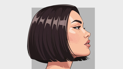 Stylized Profile Portrait of a Young Woman with Bob Haircut. © holik