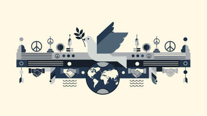 Dove of Peace with Earth and Symbols of Unity Vector Illustration