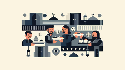 Muslim Family Sharing Food During Ramadan Celebration Flat Design