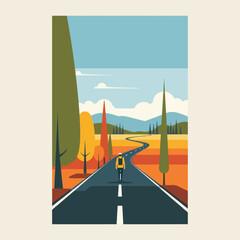 Fototapeta premium Cyclist riding on a winding road through a vibrant autumn landscape.