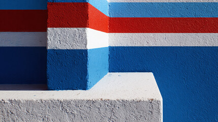 Geometric abstract design of red, white, and blue stripes on an architectural structure