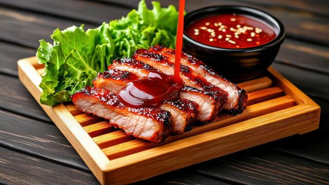 Grilled pork ribs and slices with barbecue sauce poured, served with fresh green lettuce on wooden tray, crispy edges, tasty meat meal