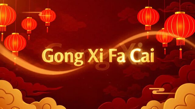 Chinese New Year Background Red Lanterns Gong Xi Fa Cai Text Animation