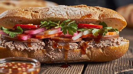 Authentic Vietnamese Banh Mi sandwich a delicious culinary masterpiece featuring a crusty baguette generously filled with savory pate tender sliced pork vibrant pickled vegetables fresh cilantro and .
