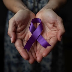 A person holding a purple awareness ribbon in their cupped hands to show support for a social cause.