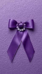A purple awareness ribbon with rhinestones on a textured purple background, symbolizing support for women's rights and health awareness campaigns.