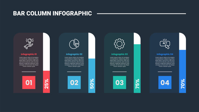 bar column infographic process diagram with round rectangle vertical box with vertical percentage with dark background bright outline style 4 points