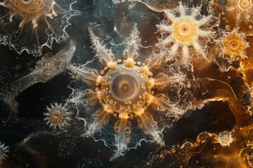 Intricate, microscopic view of marine organisms.