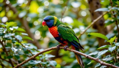 Obraz premium Colorful Tropical Bird Perched Green Foliage Scene