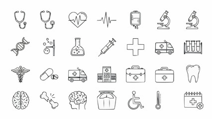 Collection of Medical and Healthcare Icons in Sketch Style.