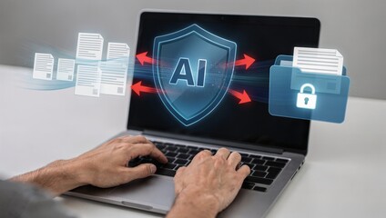 Protecting data with AI technology on a laptop screen.