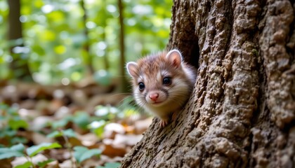 Curious Animal Peeking From Tree Hollow Lush Forest