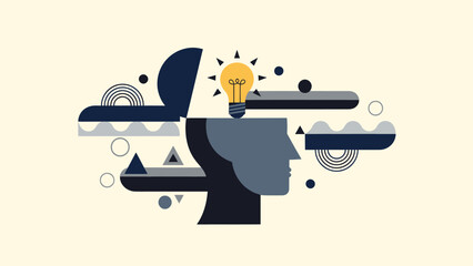 Abstract Head Silhouette with Lightbulb Idea and Geometric Shapes