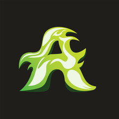 Stylized Letter A Logo Design with Green Flame and Liquid Energy Effect