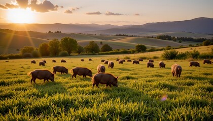 Golden Hour Bison Herd Tranquil Countryside