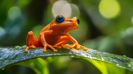 Naklejka premium A vibrant orange and blue poison dart frog perched on a green leaf in a lush rainforest environment.