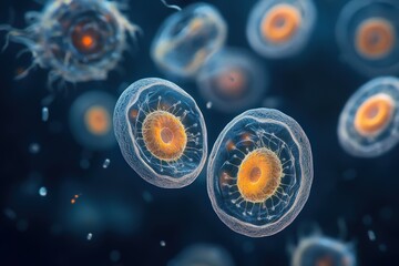 Complex biological cells in a microscopic view.