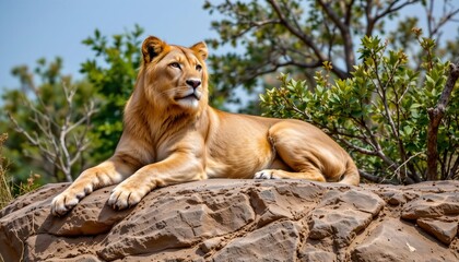 Majestic Lioness Resting Rocky Outcrop Natural Habitat