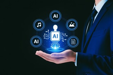 Ethical AI platform creating diverse content formats such as text, video, and images, showing responsible automation, data integrity, and transparent content generation in digital systems
