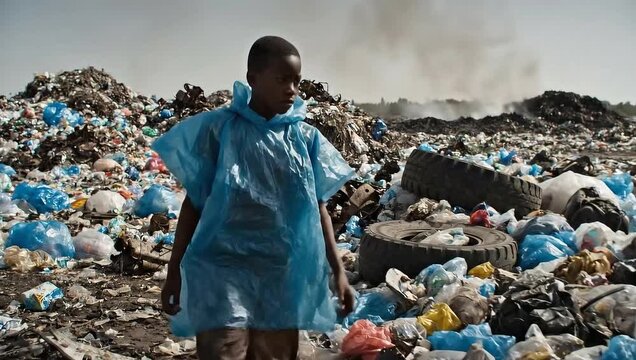 A person in a blue poncho stands in a vast landfill, surrounded by mountains of trash and debris under a cloudy sky.