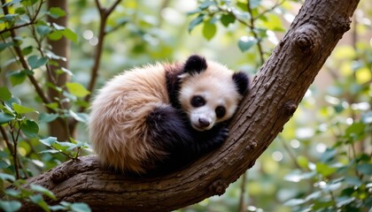 Fototapeta premium Adorable Panda Cub Resting Tree Branch Forest
