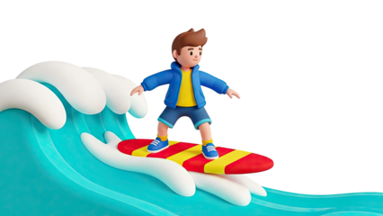 3D Cartoon Boy Surfing on a Wave