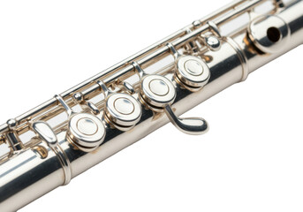 Macro shot of a reflective sterling silver flute with detailed key mechanism on a transparent background, concept of precision craftsmanship