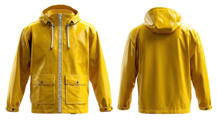 Yellow raincoat, front & back view, hooded, isolated