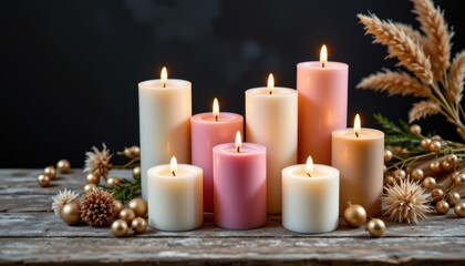 Softly Glowing Candles on a Rustic Wooden Table Surrounded by Decorative Elements for Seasonal Decor