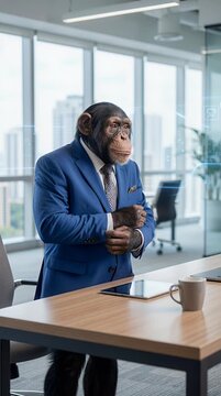 Primate in business attire standing by table