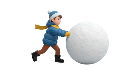 Boy pushing a large snowball