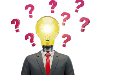 Businessman with Lightbulb Head Surrounded by Question Marks