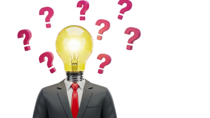Businessman with Lightbulb Head Surrounded by Question Marks