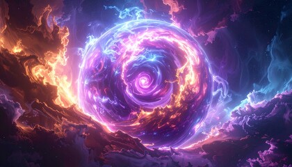 Vibrant swirling vortex of purple and blue flames.