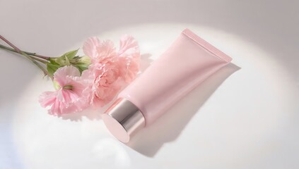 Soft Pink Tube of Beauty Care Product with Pink Flowers on a Light Background