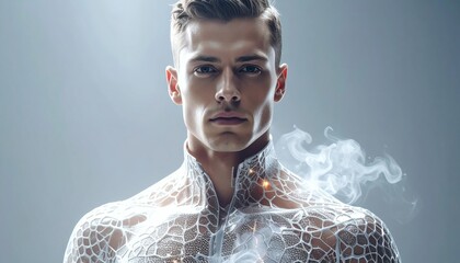 Man with futuristic cybernetic enhancements on torso and neck.