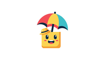 Happy Yellow Cube Character with Umbrella and Hat