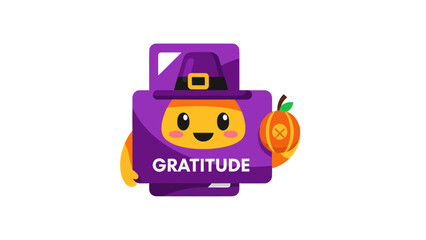 Cute Candy Corn Character with Pumpkin and Gratitude Text