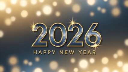 Elegant three dimensional golden bordered blue numbers displaying the upcoming year 2026 beneath which the text happy new year shines brightly against a softly lit celebratory background effect