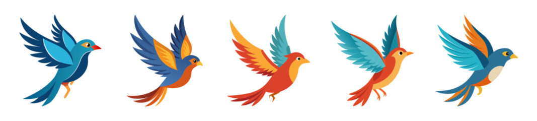 Fototapeta premium Stylized Birds in Flight with Vibrant Colors on White Background