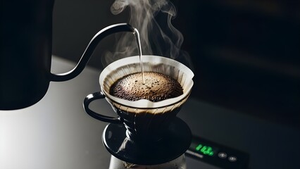 Close up of freshly ground coffee being carefully saturated with steaming hot water during the initial bloom phase of the manual pour-over brewing process creating rich aromatic foam.