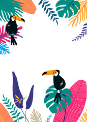 Obraz premium Colorful botanical frame png with tropical leaves and toucan birds, transparent background