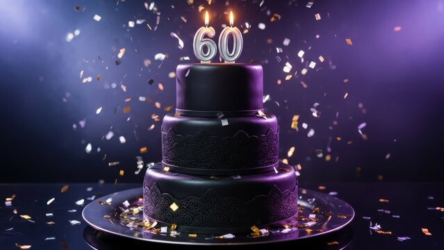 Luxury Black Birthday Cake with Silver Number 60 Candles and Metallic Confetti Rain
