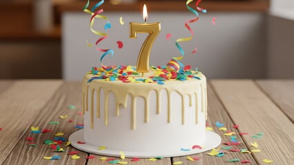 White Frosting Birthday Cake with Gold Number 79 Candles and Festive Glitter Swirl