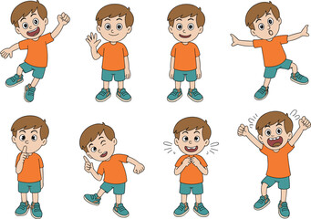 Cartoon character sheet illustration showing multiple poses expressions and design views for animation game design comic and mascot projects