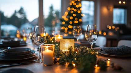 A beautifully decorated dining table with candles, glasses, and festive lights, set for a cozy holiday gathering.
