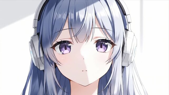 Serene anime girl with long purple hair and mesmerizing eyes wearing headphones