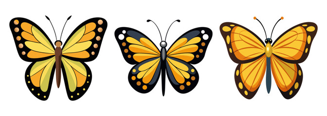 Obraz premium Three vibrant cartoon butterflies with yellow and orange wings, isolated
